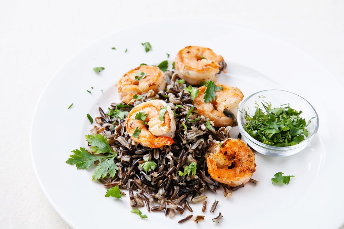 Black rice with prawns