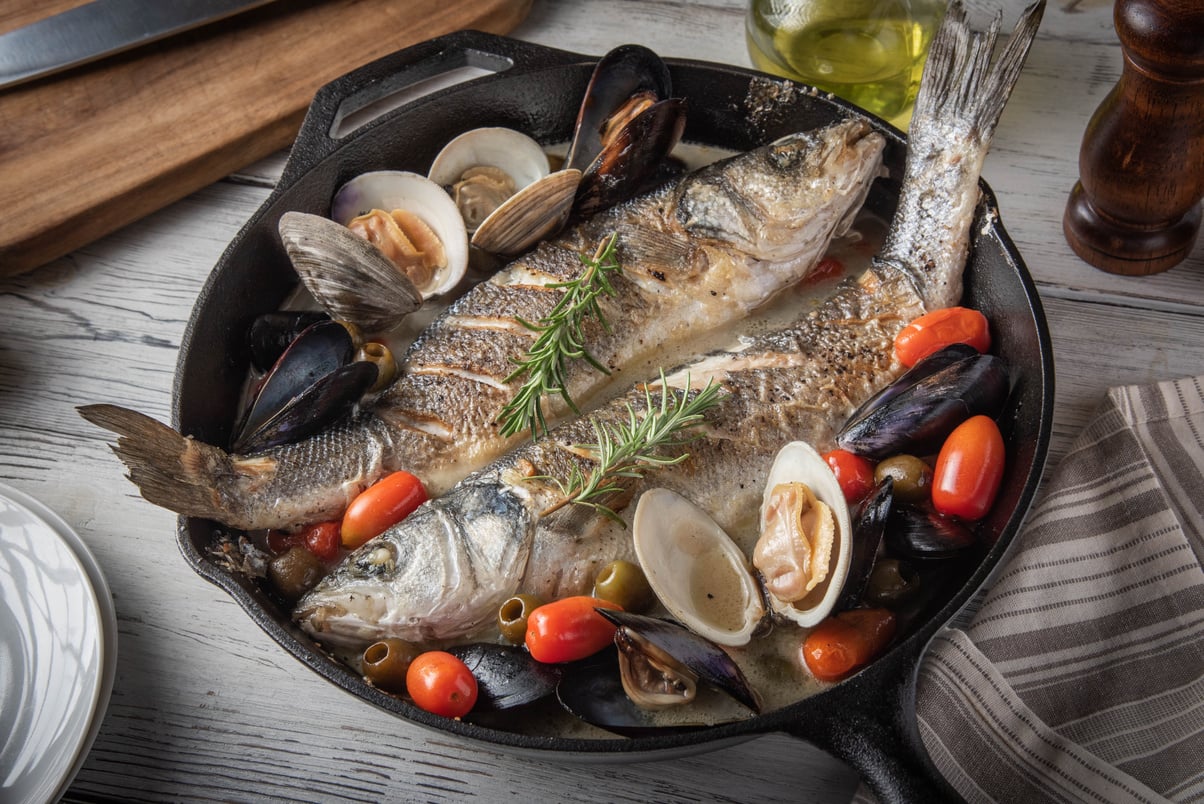 acqua pazza of branzini, european sea bass